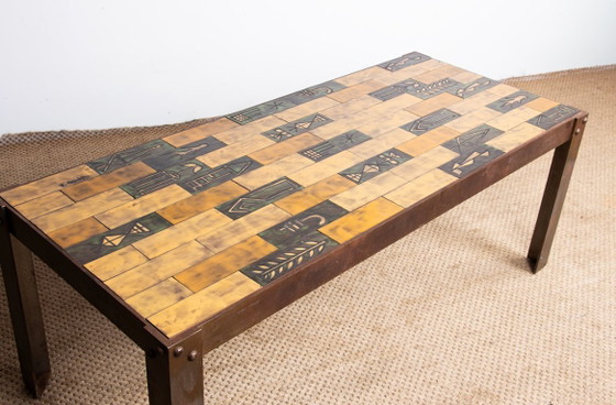 Image 1 of Coffee table in glazed ceramic and steel base by Jean Garbero Vallauris 1950.