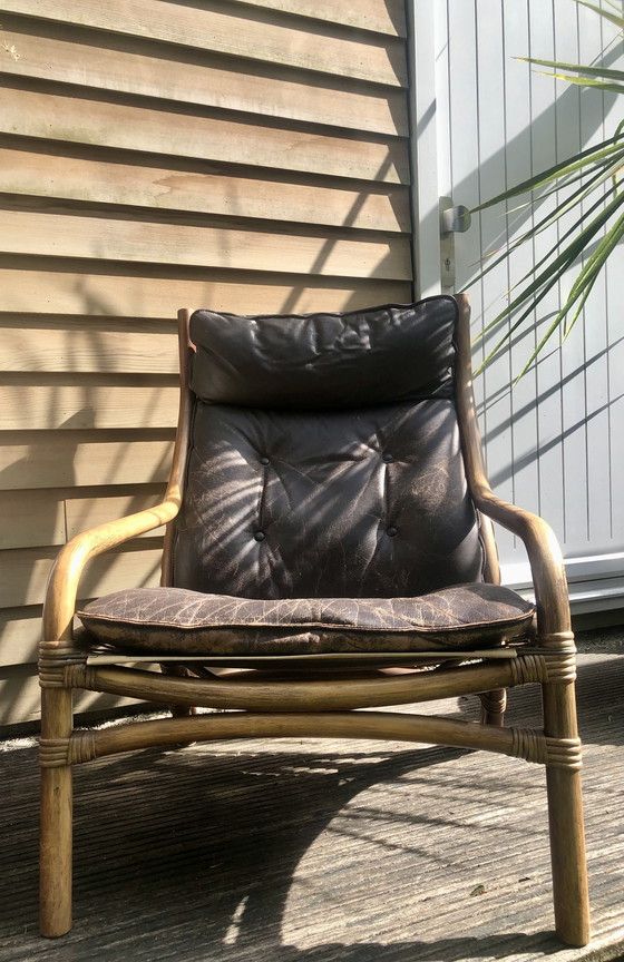 Image 1 of Ensemble vintage de fauteuils en bambou 1970 avec coussin en cuir