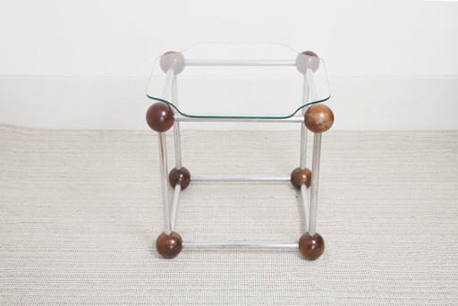  Atomic MCM Side Table Vintage 1970s Mid Century Modern Space Age Chrome Glass Wood Sphere Joints Molecular Coffee Table 
