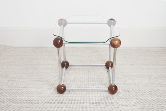 Image 1 of  Atomic MCM Side Table Vintage 1970s Mid Century Modern Space Age Chrome Glass Wood Sphere Joints Molecular Coffee Table 