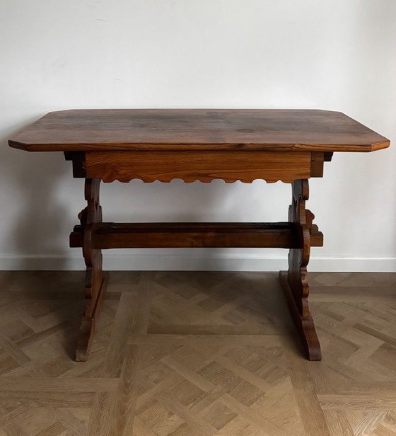 Image 1 of Antique German / Alpine Trestle Table With Drawer