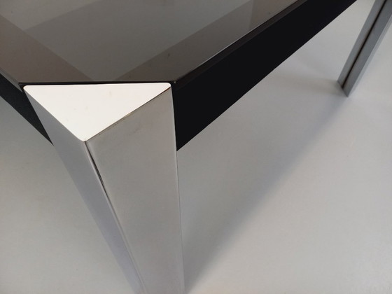 Image 1 of Table de repas carrée italienne vintage par Guido Faleschini pour Mariani x Hermès en verre fumé et métal chromé style Space Age