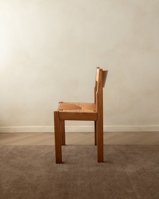 Image 1 of Mid-century eetkamerstoelen van iepenhout en riet van Maison Regain, jaren 70, set van 4