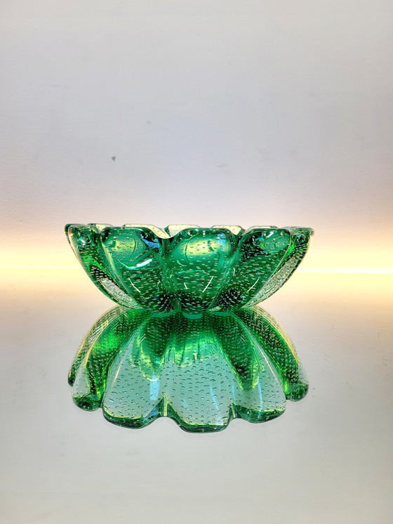 Image 1 of Bol vintage vert de Murano, technique du bubble splash, Italie, années 1970