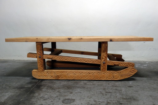 Large carved sled coffee table 19th century folk art, France