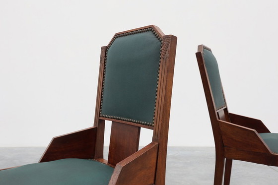 Image 1 of Set van 6 Art Deco eetkamerstoelen in hout met originele bekleding, België jaren 30