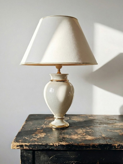 Crackle-glazed ivory and gold earthenware lamp, attributed to Le Dauphin, 1980s-90s