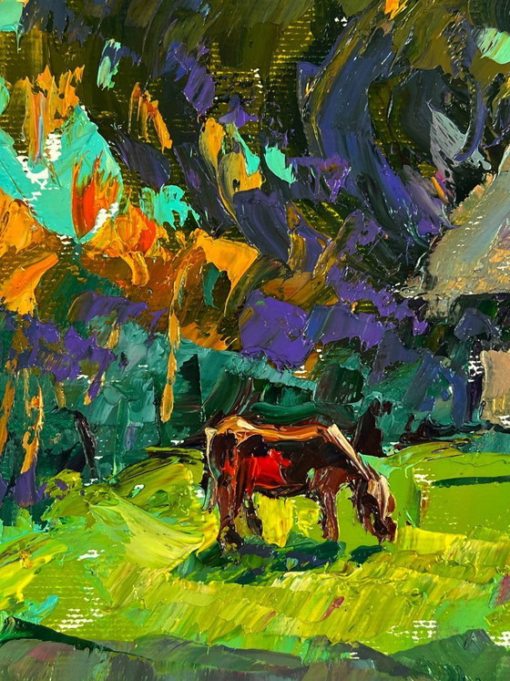 Image 1 of Peinture à l'huile originale représentant un paysage rural et une journée d'été au village