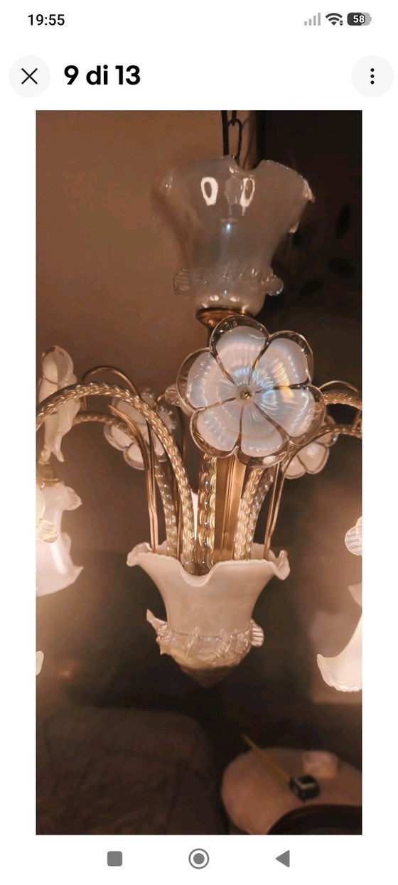 Vintage 5-Light Murano Style Chandelier in Brass and White Glass – Murano Glass (photo 9 of 9)