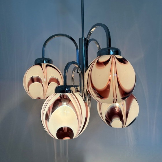 Image 1 of XL Italian purple and white murano glass swirl chandelier , 1970s