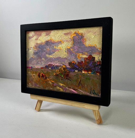 Original Oil Painting Evening Field Landscape Silence that envelops the world