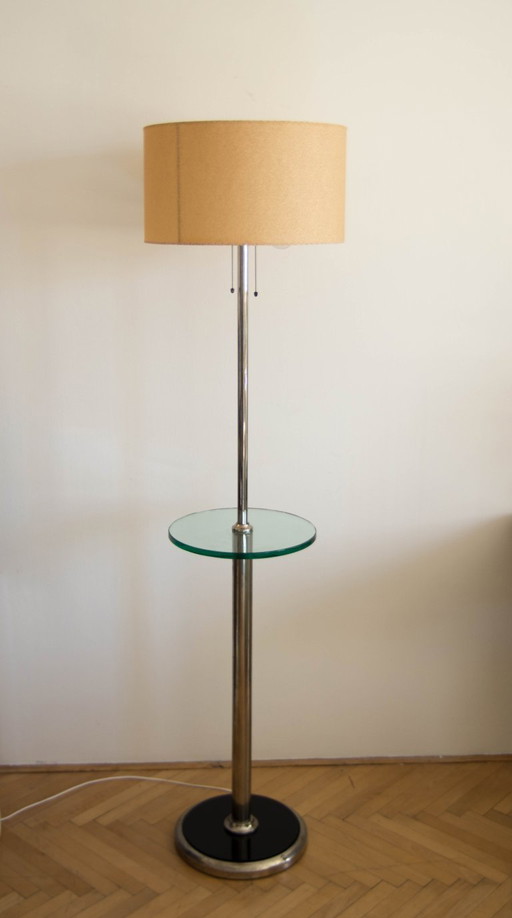 Lámpara de pie de níquel de los años 30 con mesa auxiliar – Funcionalismo, Bauhaus – vloerlampen, Glass, Metal