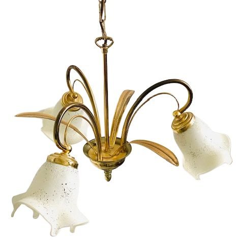 Image 1 of Lámpara de araña de tres brazos de mediados de siglo con hojas de palma, estilo Hollywood Regency, década de 1970