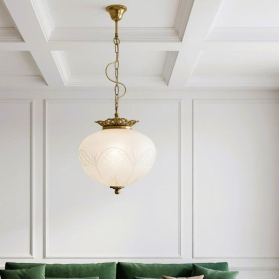 Image 1 of Portuguese regency-inspired frosted glass pendant with ornate brass crown