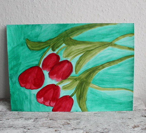 Vintage watercolor painting of red tulips on a green background, artist's painting, unique piece, signed and dated.