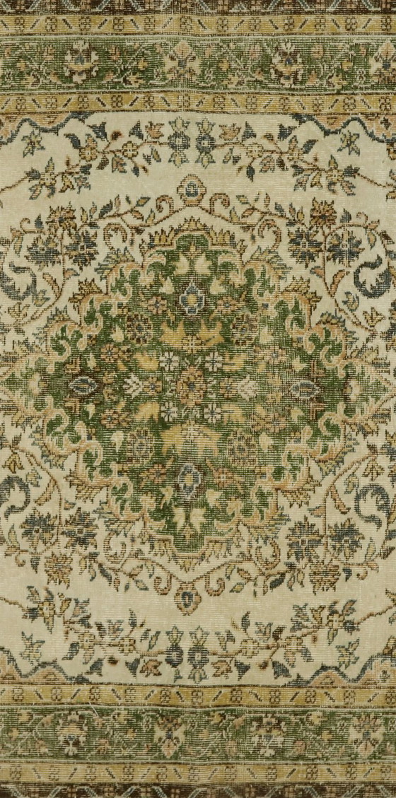 Vintage Turks tapijt 300x186 cm – Groot handgeknoopt wollen tapijt met zacht crèmekleurig en groen (photo 5 of 12)