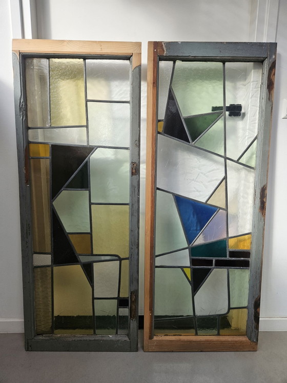 Set of antique Art Deco stained glass windows 50x130 cm., Decorative Objects, Metal, Wood, Multi Color (photo 2 of 14)