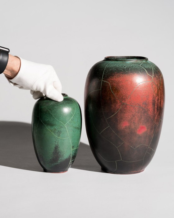 Image 1 of Pair of Paul Dresler Grootenburg Copper Reduction Glaze Studio Ceramic Vases – Germany, ca. 1940s-1950s Art Deco Bauhaus