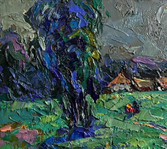 Image 1 of Original Oil Painting Night Village Landscape Light from the moon
