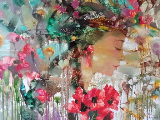 Origineel Olieverfschilderij Abstract Natuur Bloemen Meisje Flora