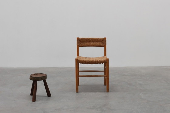 Image 1 of Brutalist French Solid Oak Tripod Stool with Metal Rim, 1850s