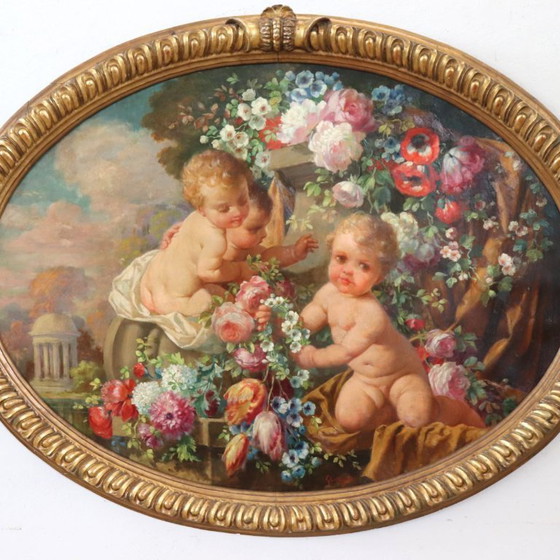 Cherubs With Flowers, Oil Painting On Board Signed, Italy Early 20th Century – Paintings & Drawings, Wood (photo 16 of 18)