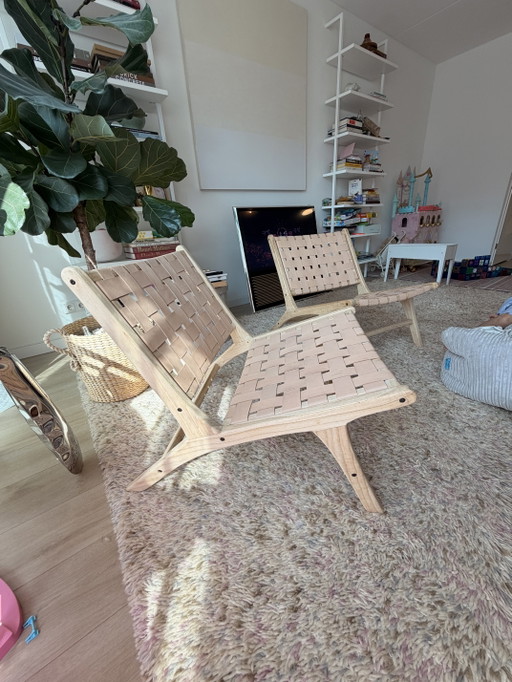 Set of 2 lounge chairs with Japandi/Scandi woven leather