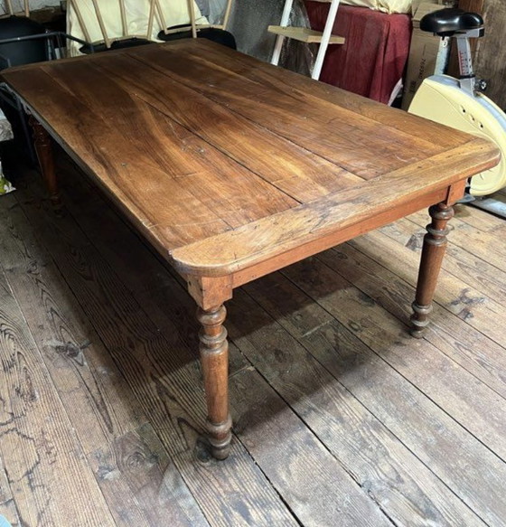 Image 1 of Grande table de ferme ancienne en bois massif – style rustique XIXe – pieds tournés - 181x100m