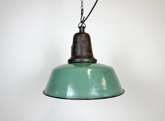 Image 1 of Industrial Green Enamel Factory Lamp with Cast Iron Top, 1960s