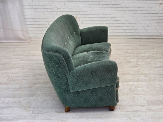 Image 1 of 1960s, Danish 3-seater curved sofa, light green furniture fabric, original condition.