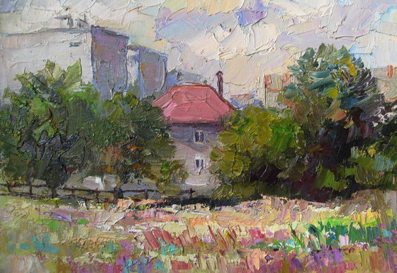 Peinture à l'huile originale Paysage urbain Maison d'été Paradis – Peintures et dessins, Canvas (photo 4 of 8)
