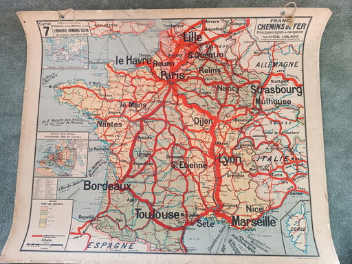 Mapa escolar antiguo: Ferrocarriles franceses, década de 1950