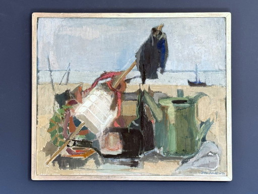 Composition abstraite moderniste, huile sur toile « Nature morte au pêcheur » d'Elisabeth Brunnström (1908-1988)