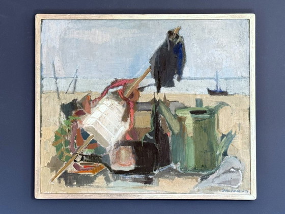 Image 1 of Composición abstracta modernista, óleo sobre lienzo «Bodegón de pescador» de Elisabeth Brunnström (1908-1988)