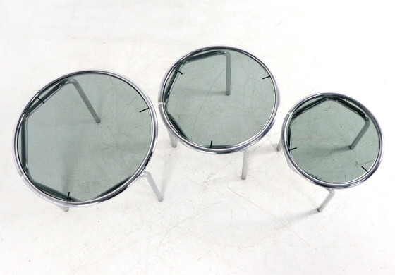 Image 1 of Italian round chrome nesting tables smoked glass vintage