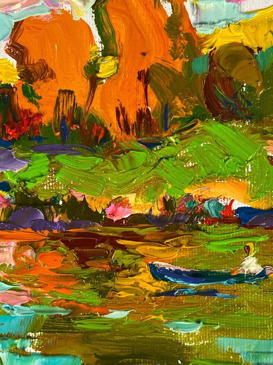 Image 1 of Pintura al óleo original: Paisaje natural, bosque, orilla del río Sunny