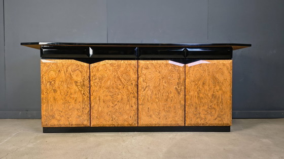 Image 1 of Vintage lacquer and burl wood credenza, 1980s