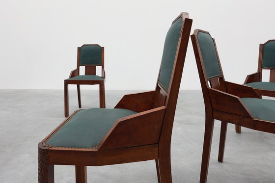 Image 1 of Set van 6 Art Deco eetkamerstoelen in hout met originele bekleding, België jaren 30