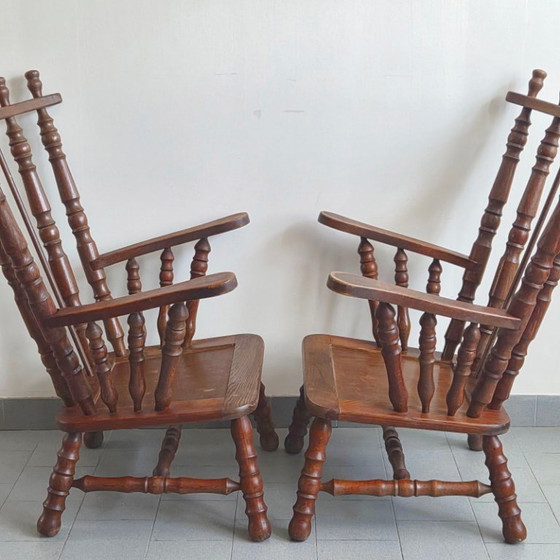 Image 1 of PAAR VINTAGE BRUTALISTISCHE EIKEN FAUTEUILS UIT DE JAREN 70 MET SPOELEN UIT DE JAREN 70