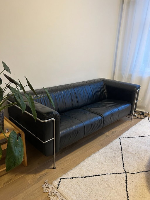 1x Harvink Schwarz Dreisitzer Sofa - Leder, Edelstahl (210x90x 70cm)