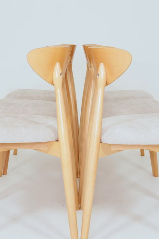 Image 1 of Moderne set van 6 eetkamerstoelen, ecru Farbic en natuurlijk beukenhout