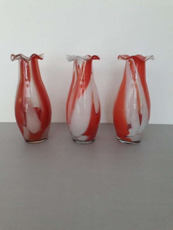 Image 1 of 3 Murano vases, in orange and white, circa 1965