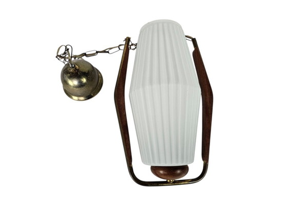 Image 1 of Design scandinavo - Vintage - teak - ottone - vetro smerigliato - lampada a sospensione - anni '60