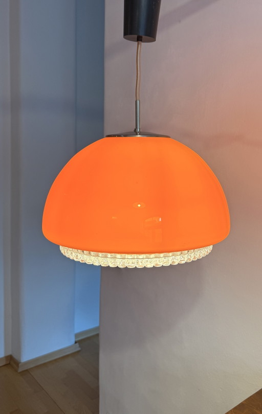 Suspension Peill & Putzler style Space Age – Années 1970 – Orange – Ø 36 cm – Design vintage – hanglampen, Glass, Chrome