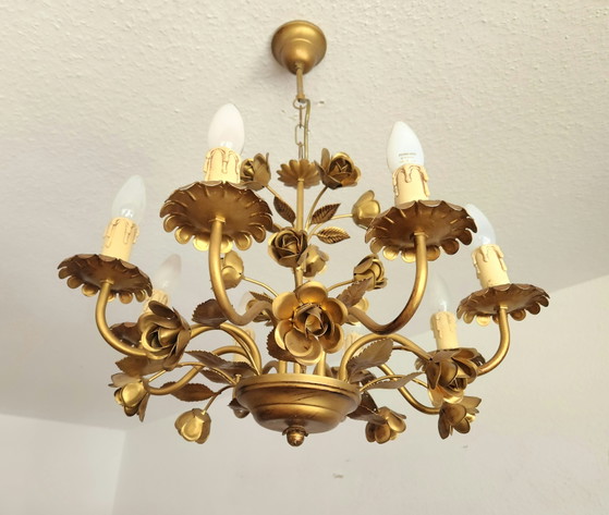 German Hollywood Regency Honsel chandelier, 8-arm, gold-plated, floral, 1970s – Metal (photo 2 of 15)