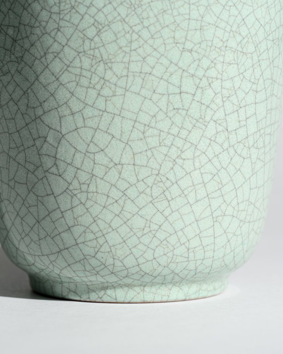 Image 1 of Karlsruher Majolika Modèle 5766 Craquelé Celadon Vase Fridegart Glatzle, Allemagne