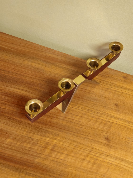 Image 1 of Vintage Teak Teak Wood Brass Candlestick Candle Holder