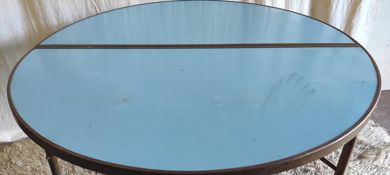 Image 1 of Round folding table in metal and blue Formica - 1960s/70s