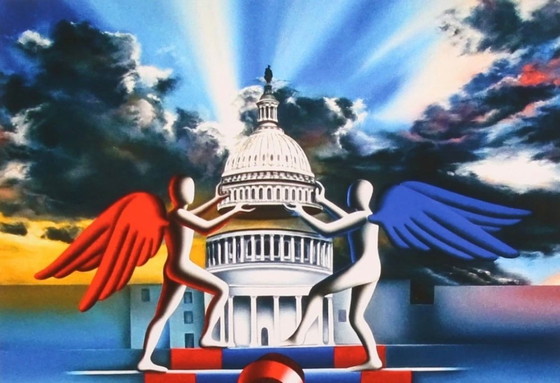 Image 1 of Mark Kostabi: "L'alba è nostra, 2022". Giclée su velluto Hahnemühle.