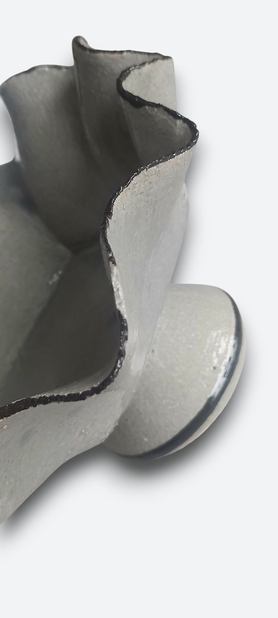 Image 1 of Studio ceramic bowl on foot with organic shape and gray glaze – signed studio mark